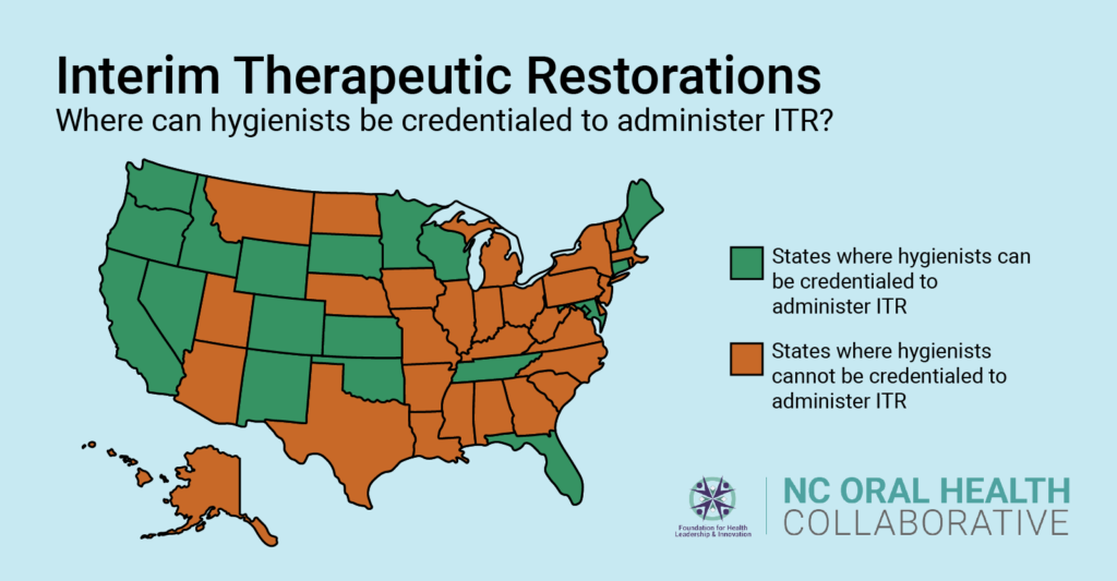 Map highlighting states in the US where dental hygienists are allowed to administer interim therapeutic restorations