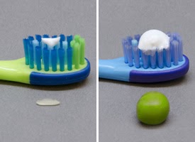 Picture of toothbrushes, one with a grain of rice-sized portion toothpaste (for young children) and the other with a pea-sized amount (for anyone over 3 years old)